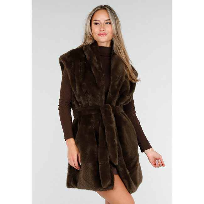Dunkelbrauner Faux Fur Bodywarmer mit Gürtel