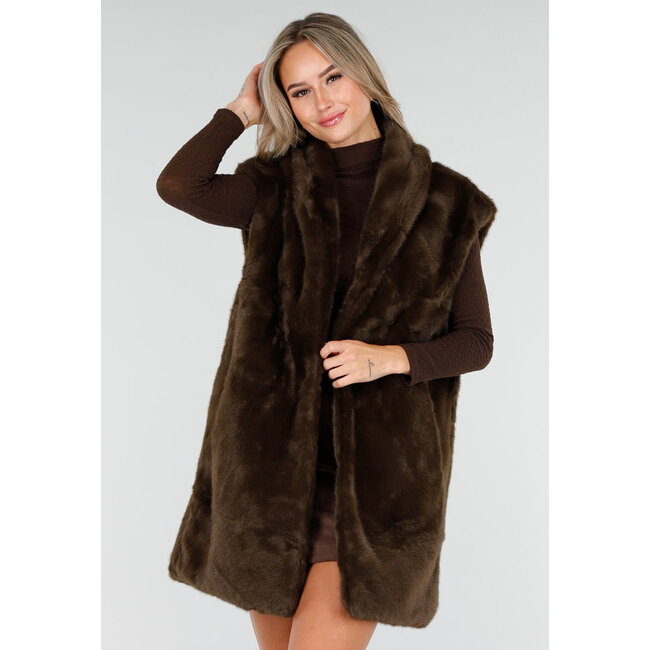 Dunkelbrauner Faux Fur Bodywarmer mit Gürtel