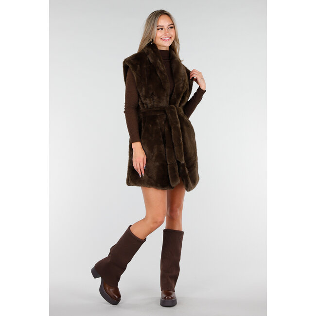 Dunkelbrauner Faux Fur Bodywarmer mit Gürtel