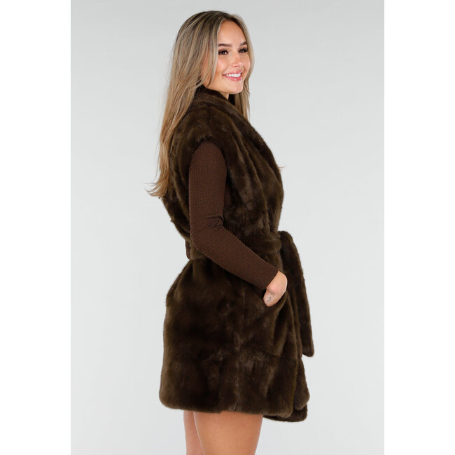 Dunkelbrauner Faux Fur Bodywarmer mit Gürtel