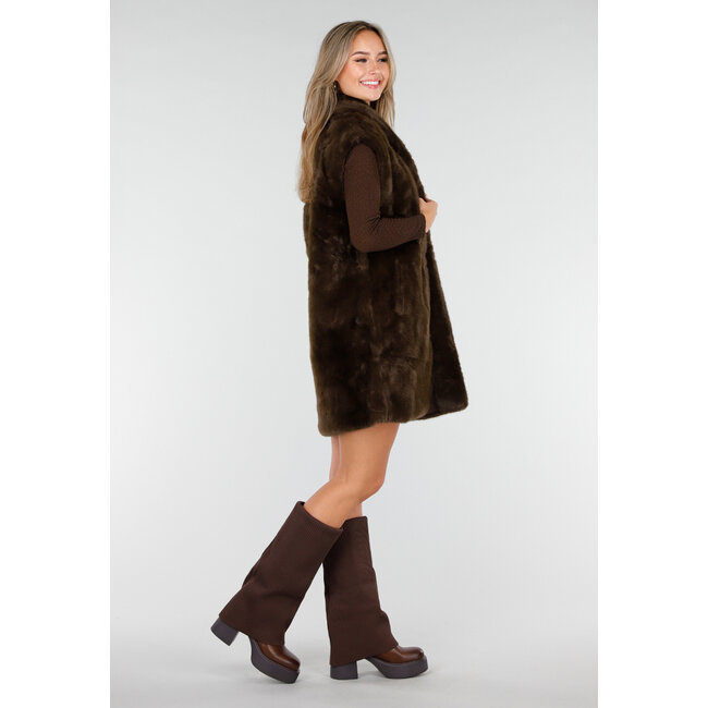 Dunkelbrauner Faux Fur Bodywarmer mit Gürtel