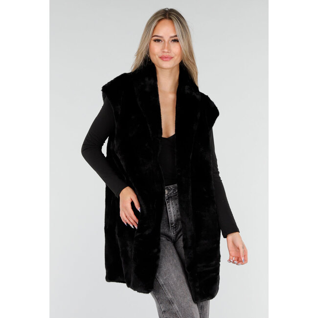 Schwarzer Bodywarmer aus Kunstfell mit Gürtel und Kragen