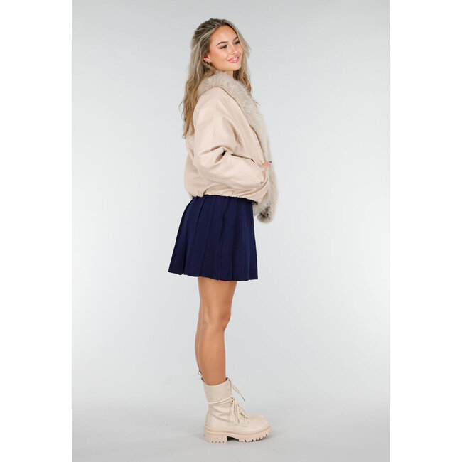 Beige Lederoptik Jacke mit Kunstfell