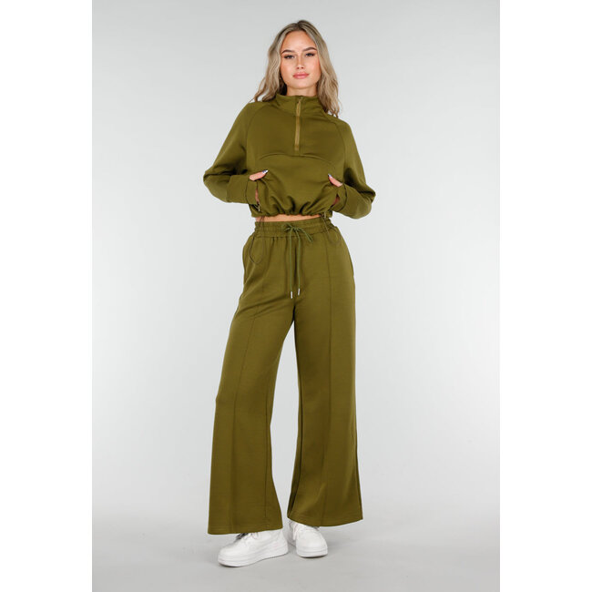 Olive Green Wide Leg Trouser with High Waist and Drawstring