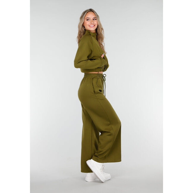 Olive Green Wide Leg Trouser with High Waist and Drawstring