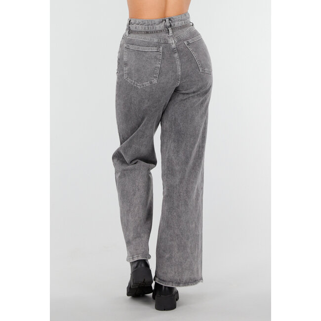 Graue Stretchjeans mit weitem Bein, hoher Taille und Krawattengürtel