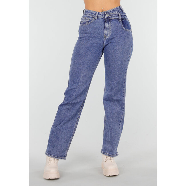 Mid Blue Straight Stretch Jeans mit hoher Taille
