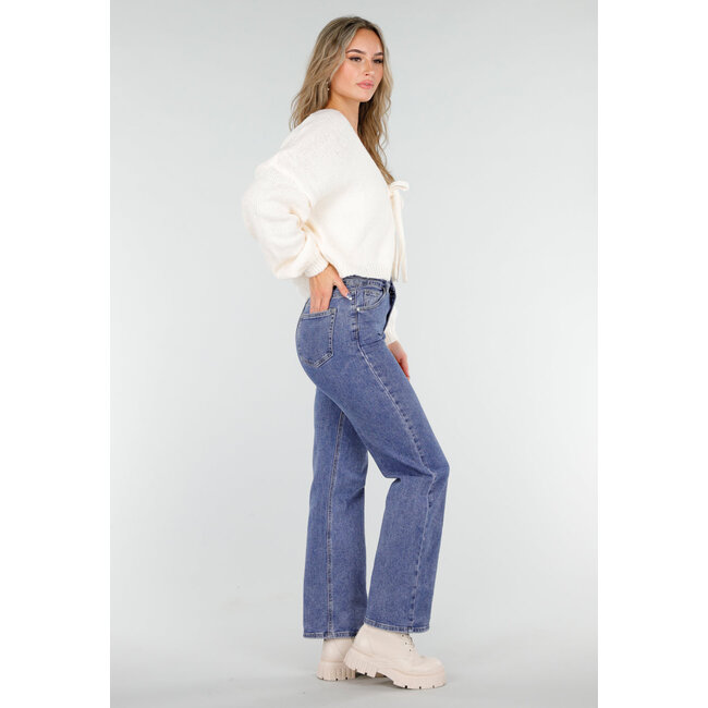 Mid Blue Straight Stretch Jeans mit hoher Taille