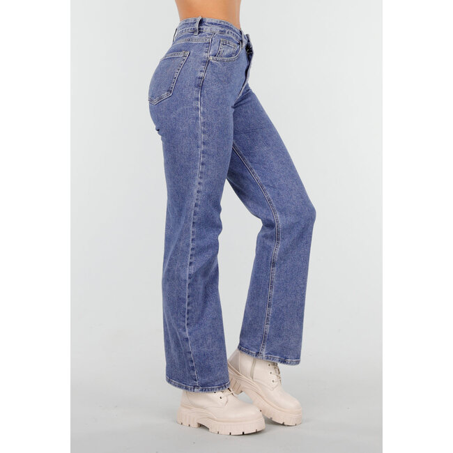 Mid Blue Straight Stretch Jeans mit hoher Taille