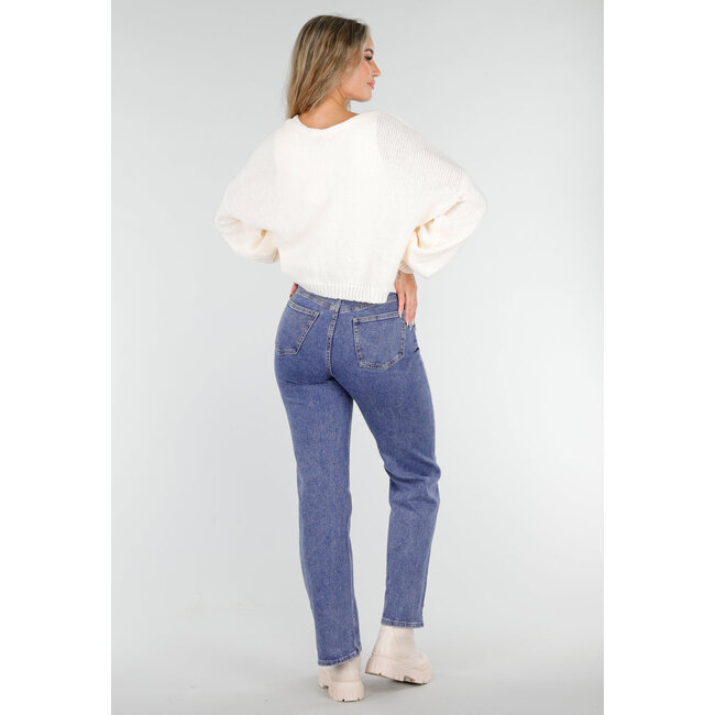 Mid Blue Straight Stretch Jeans mit hoher Taille