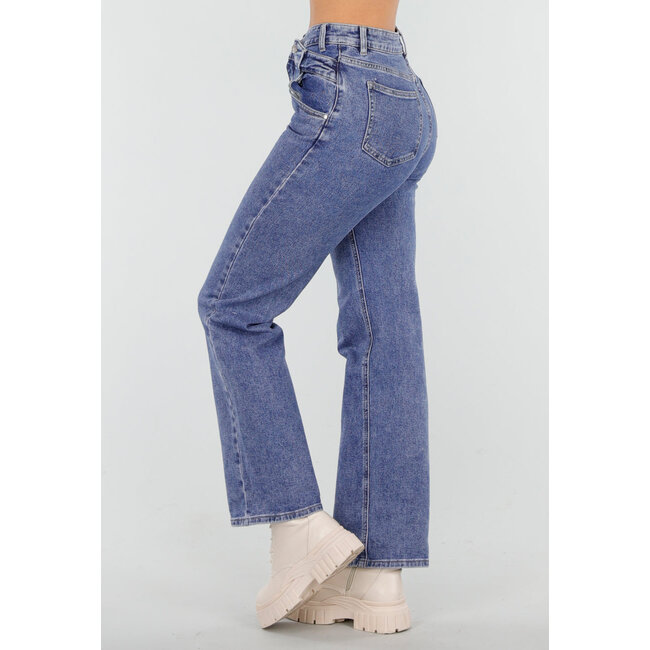 Mid Blue Straight Stretch Jeans mit hoher Taille