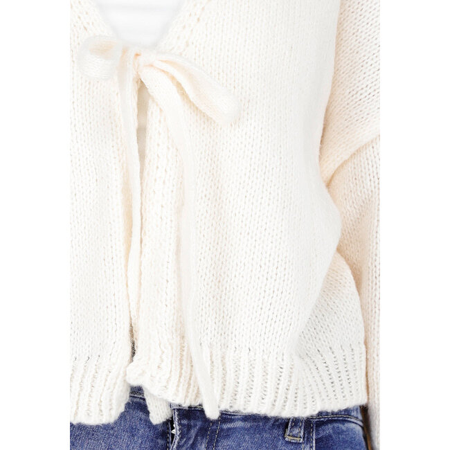 Beige gestrickte Strickjacke mit Schleife vorne