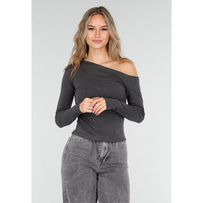 Dunkelgraues One-Shoulder-Top mit langen Ärmeln