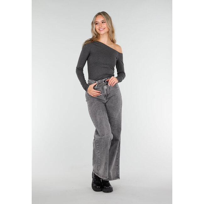 Dunkelgraues One-Shoulder-Top mit langen Ärmeln