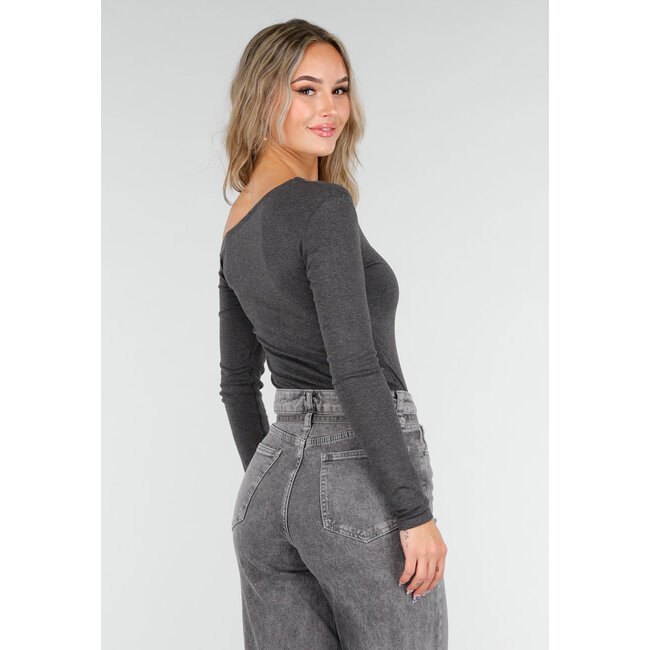 Dunkelgraues One-Shoulder-Top mit langen Ärmeln