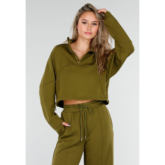 Olive Green Cropped Lounge Sweater mit halbem Reißverschluss und hohem Kragen