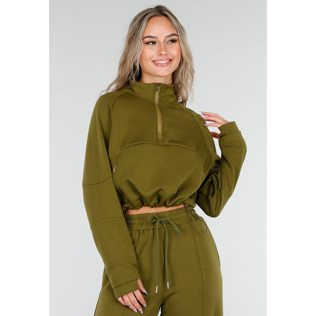 Olive Green Cropped Lounge Sweater mit halbem Reißverschluss und hohem Kragen