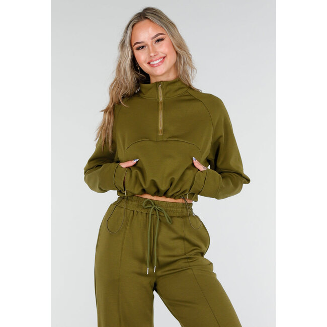 Olive Green Cropped Lounge Sweater mit halbem Reißverschluss und hohem Kragen
