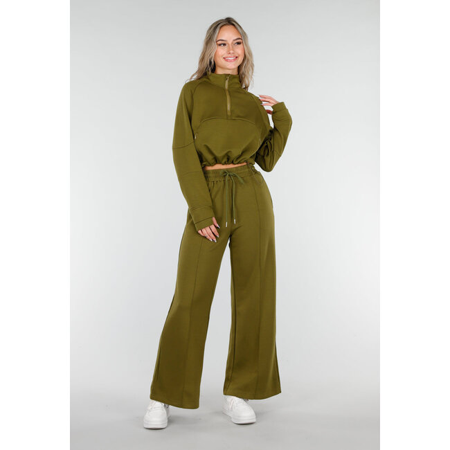 Olive Green Cropped Lounge Sweater mit halbem Reißverschluss und hohem Kragen