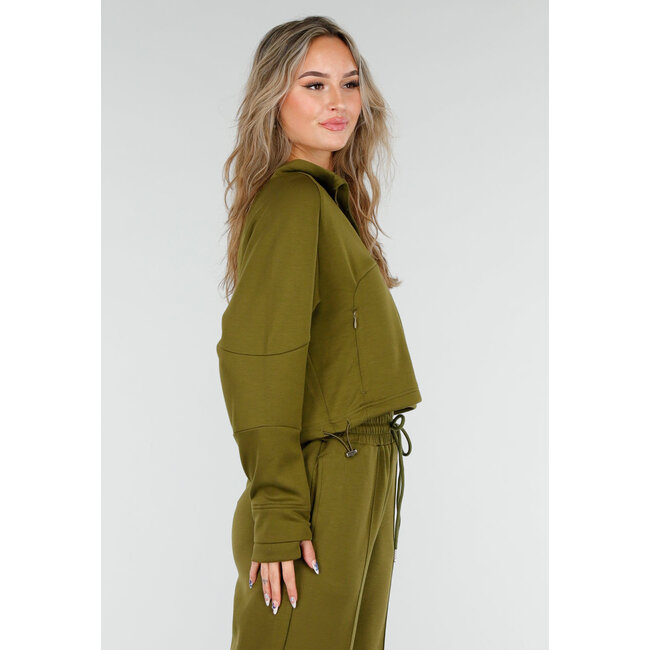 Olive Green Cropped Lounge Sweater mit halbem Reißverschluss und hohem Kragen