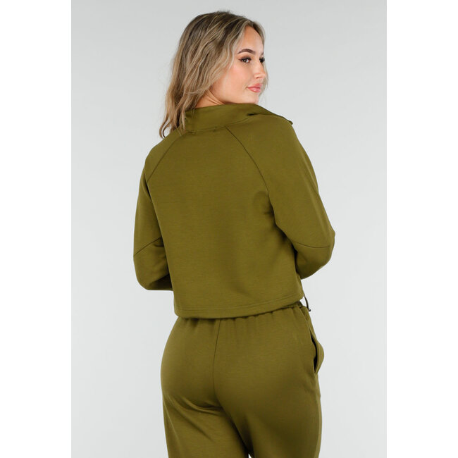 Olive Green Cropped Lounge Sweater mit halbem Reißverschluss und hohem Kragen
