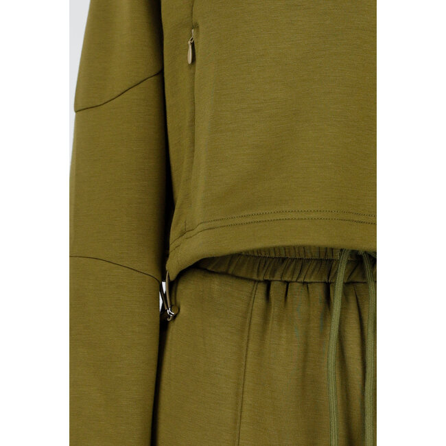 Olive Green Cropped Lounge Sweater mit halbem Reißverschluss und hohem Kragen