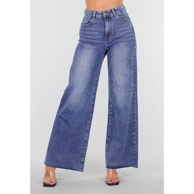 Blaue High Waist Wide Leg Stretch Jeans mit Waschung