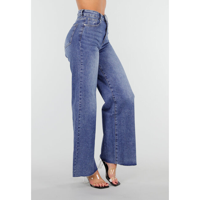 Blaue High Waist Wide Leg Stretch Jeans mit Waschung