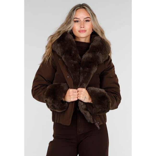 Dark brown coat with faux fur collar and cuffs