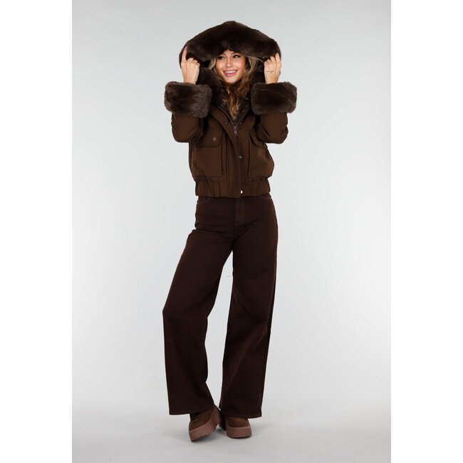 Dark brown coat with faux fur collar and cuffs