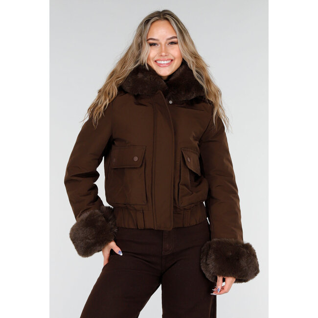 Dark brown coat with faux fur collar and cuffs