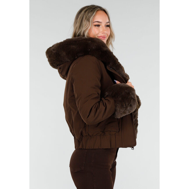 Dark brown coat with faux fur collar and cuffs