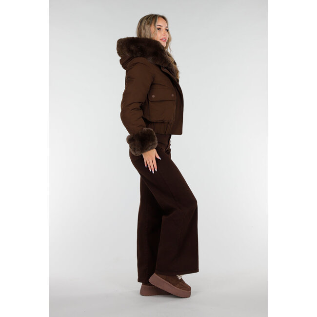 Dark brown coat with faux fur collar and cuffs