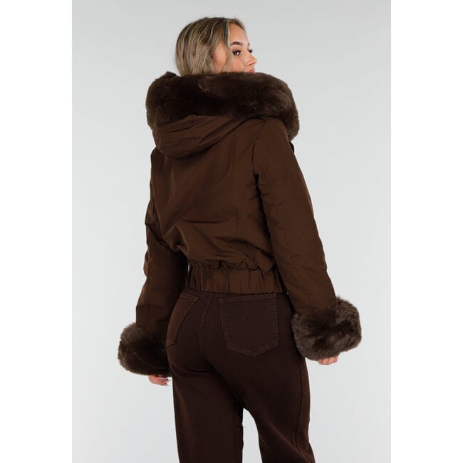 Dark brown coat with faux fur collar and cuffs