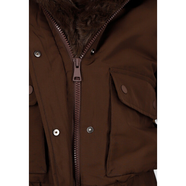 Dark brown coat with faux fur collar and cuffs