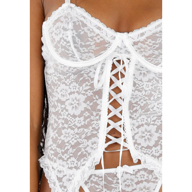 Weißes Spitzen-Dessous-Set mit Schnürverschluss und Strumpfhaltern