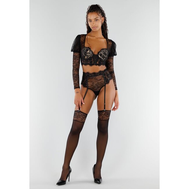 Schwarzes Spitzen-Dessous-Set mit langen Ärmeln und hohem Taillen-Strumpfgürtel