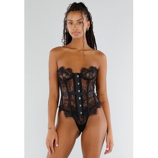 Schwarzes Spitzenkorsett mit String