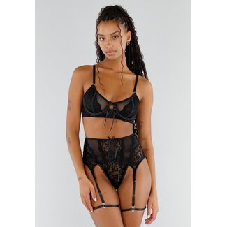 Schwarzes Spitzen-Dessous-Set mit Strumpfgürtel