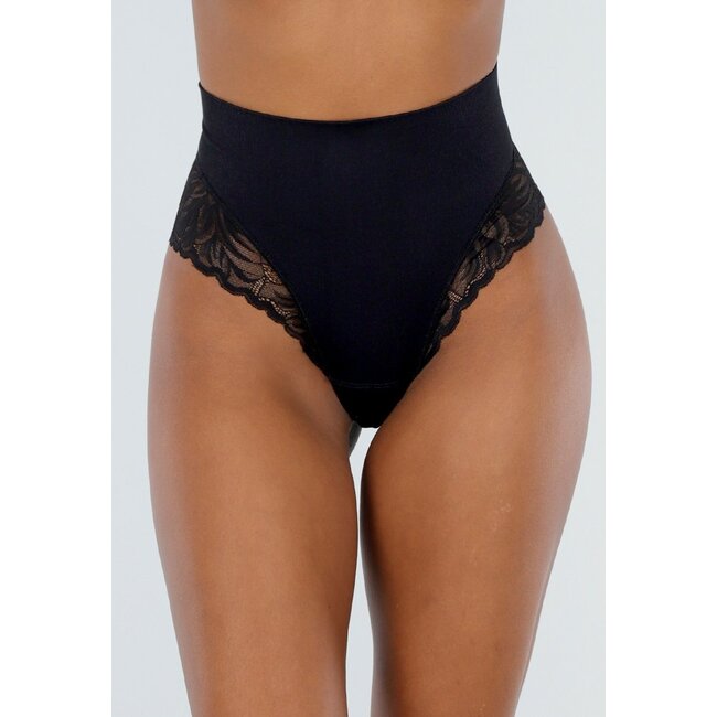 Schwarzer Stretch-Slip mit hoher Taille und Spitzendetails