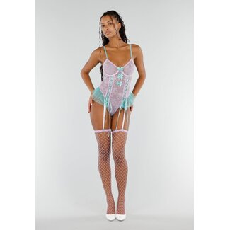 Lila Spitzen-Dessous-Set mit Tüll und Netzstrümpfen