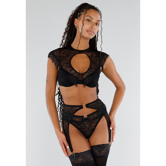 Schwarzes Spitzen-Dessous-Set mit Fransen und offenem Detail