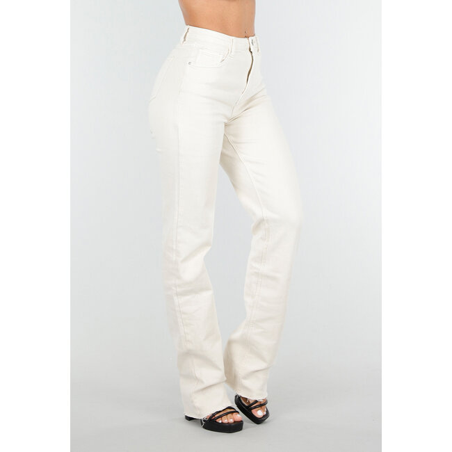 Beige Stretch Jeans mit geradem Bein und ausgefranstem Boden