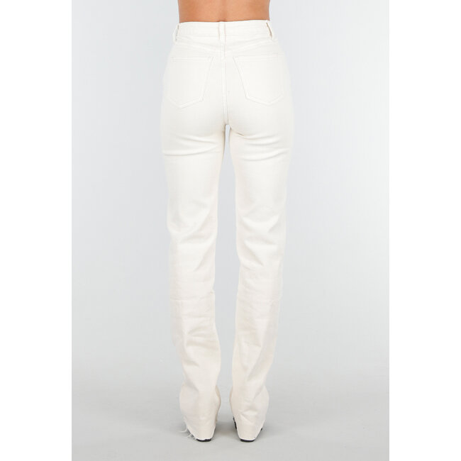 Beige Stretch Jeans mit geradem Bein und ausgefranstem Boden