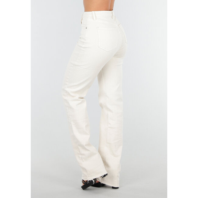 Beige Stretch Jeans mit geradem Bein und ausgefranstem Boden