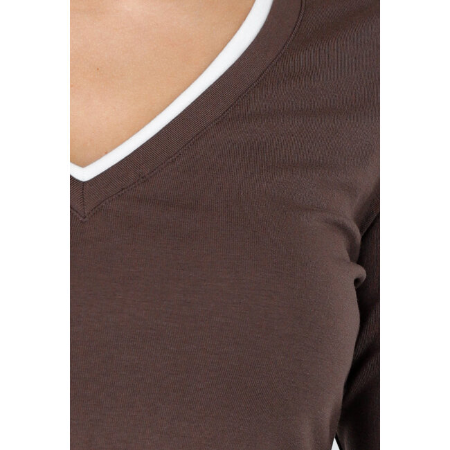 Braunes langärmeliges Top mit V-Ausschnitt und weißen Bündchen