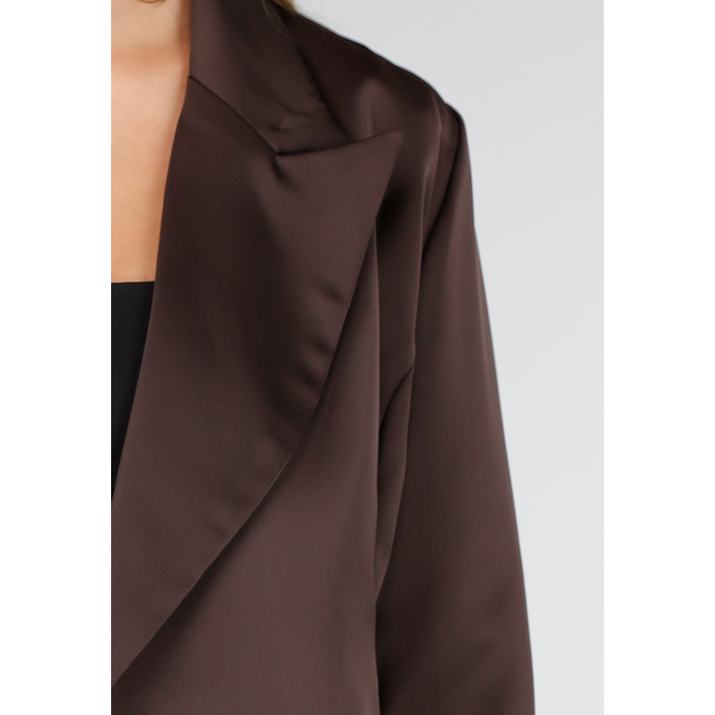 Dunkelbrauner Satin-Look-Wickelblazer mit Schleifenverschluss