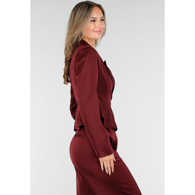 Bordeauxroter Satin-Look-Wickelblazer mit Schleifenverschluss