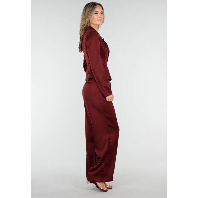 Bordeauxroter Satin-Look-Wickelblazer mit Schleifenverschluss