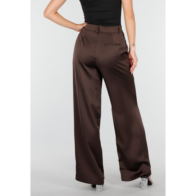 Dunkelbraune Hose mit Satin-Optik, weitem Bein und hoher Taille
